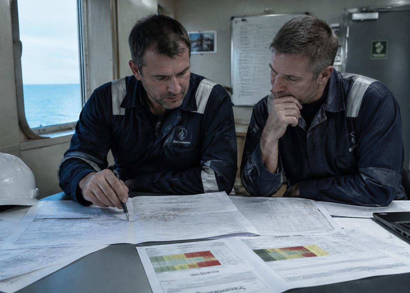 Offshorepersonell gjennomgår tekniske tegninger
